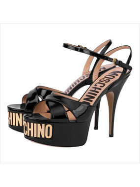 Women's Moschino Black Patent Leather Gold Logo Platform Sandal Heels Size 36